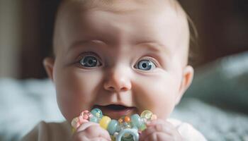 glimlachen baby meisje Holding multi gekleurde speelgoed- dichtbij omhoog gegenereerd door ai foto