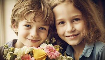 twee broers en zussen houden een bloem boeket, glimlachen gegenereerd door ai foto