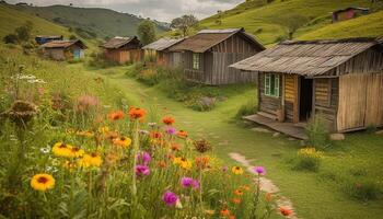 vers wilde bloemen bloeien Aan rustiek berg huisje gegenereerd door ai foto