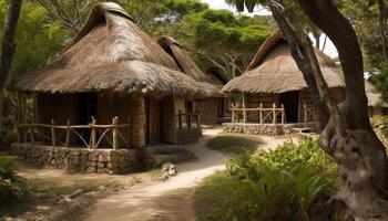 rieten dak hut in Afrikaanse tropisch landschap gegenereerd door ai foto