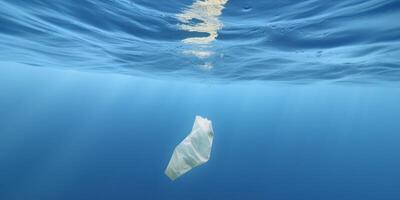 plastic zak is drijvend in een oceaan ai gegenereerd foto