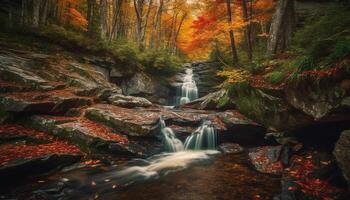 rustig tafereel van herfst Woud door vloeiende water gegenereerd door ai foto