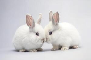 voorkant visie van schattig baby konijnen Aan wit achtergrond, weinig schattig konijnen zittend met lief actie Aan wit, generatief ai foto