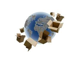 Verzending dozen in de omgeving van de aarde, e-commerce online boodschappen doen en logistiek Verzending importeren exporteren foto
