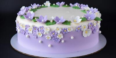 verjaardag taart met room bloemen en liliac ai gegenereerd foto