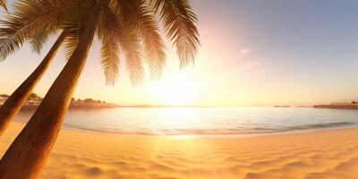 zonnig zomer strand met palm bomen en zee ai gegenereerd foto