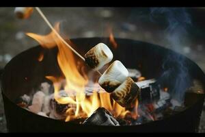 brandend brand in een compact grill, hout logboeken overspoeld in rood vlammen, detailopname van bakken marshmallows Aan vuur, rook stijgt, concept van pret partij, Koken lekkernij buitenshuis, genereren ai foto