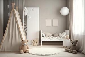 modern minimalistische kinderkamer kamer in Scandinavisch stijl. baby kamer interieur in licht kleuren, ai gegenereerd beeld foto