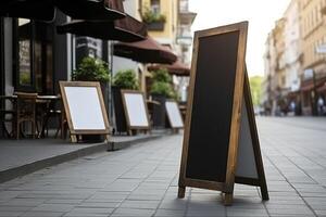 blanco restaurant winkel teken of menu borden in de buurt de Ingang naar restaurant. cafe menu Aan de straat. schoolbord teken in voorkant van een restaurant. uithangbord, vrijstaand een kader schoolbord. ai gegenereerd. foto