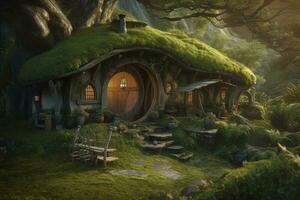 concept kunst illustratie van hobbit huis, genereren ai foto