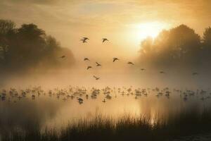 een kudde van kranen nemen vlucht over- een nevelig meer Bij zonsopkomst, genereren ai foto