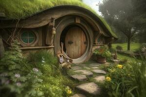 concept kunst illustratie van hobbit huis, genereren ai foto