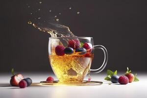 magie thee concept, zwevend effect. vliegend ingrediënten voor kruiden thee met honing en bessen. thee in transparant glas thee beker, levitatie. ai gegenereerd beeld foto