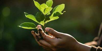 een kind Holding een fabriek in hun handen met een groen achtergrond en zonlicht schijnend door de bladeren Aan de plant, genereren ai foto