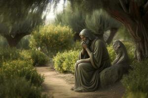Jezus Christus bidden in de tuin van olijf. ai genererend. foto