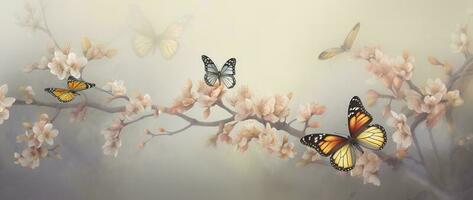 voorjaar banier, takken van bloeiende kers tegen de achtergrond van blauw lucht, en vlinders Aan natuur buitenshuis. roze sakura bloemen, dromerig romantisch beeld lente, landschap panorama, genereren ai foto