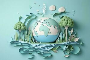 papier kunst , ecologie en wereld water dag , besparing water en wereld milieu dag, milieu bescherming en opslaan aarde water , genereren ai foto
