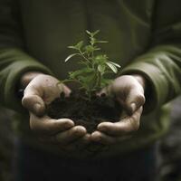 een kind Holding een fabriek in hun handen met een groen achtergrond en zonlicht schijnend door de bladeren Aan de plant, genereren ai foto