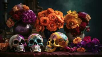 dag van de dood schedels. dia de los muertos. dag van de dood en Mexicaans halloween achtergrond. Mexicaans traditie festival. dag van de dood suiker schedel. dia de los muertos, genereren ai foto