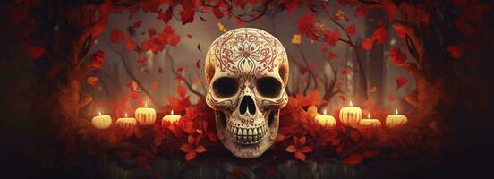 dag van de dood schedels. dia de los muertos. dag van de dood en Mexicaans halloween achtergrond. Mexicaans traditie festival. dag van de dood suiker schedel. dia de los muertos, genereren ai foto