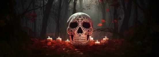 dag van de dood schedels. dia de los muertos. dag van de dood en Mexicaans halloween achtergrond. Mexicaans traditie festival. dag van de dood suiker schedel. dia de los muertos, genereren ai foto