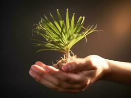 een kind Holding een fabriek in hun handen met een groen achtergrond en zonlicht schijnend door de bladeren Aan de plant, genereren ai foto