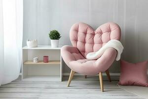 elegant roze fauteuil met hart vormig hoofdkussen in een helder minimalistische interieur, genereren ai foto