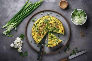 traditioneel Italiaans groente frittata met courgette, voorjaar ui en kaas geserveerd net zo een top visie Aan een nordic ontwerp bord met kopiëren ruimte, genereren ai foto