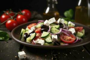 Grieks salade met vers groenten, feta kaas, kalamata olijven, droog oregano, rood wijn azijn en olijf- olie. gezond voedsel, genereren ai foto