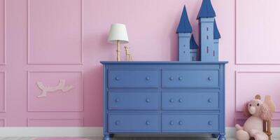 een kamer met een blauw dressoir en roze kasteel ai gegenereerd foto