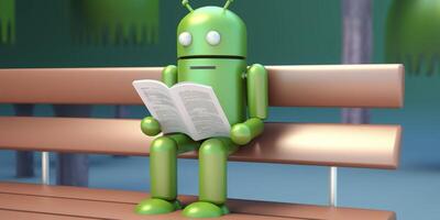 android robot leest een boek Aan de bank ai gegenereerd foto