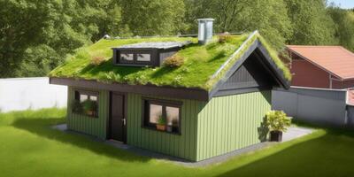 een klein huis met een groen dak en een venster ai gegenereerd foto