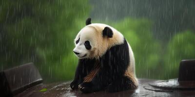 panda zit in een regen ai gegenereerd foto