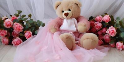 teddy beer met roze bloemen en roze jurk ai gegenereerd foto