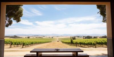 visie van wijngaard van een houten tafel ai gegenereerd foto