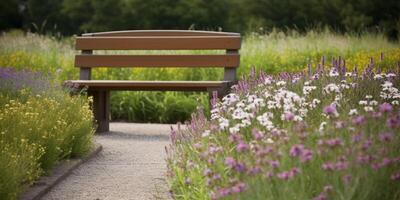 houten bank met een veld- van bloemen in achtergrond ai gegenereerd foto