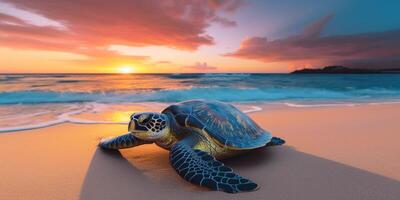 schildpad Aan de strand Bij zonsondergang ai gegenereerd foto
