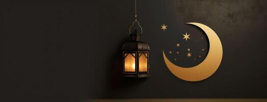 gouden zwart luxe lantaarn met de halve maan en maan illustratie ai generatief foto