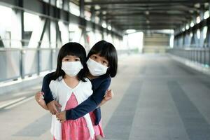 klein meisje met chirurgisch masker gezichtsbescherming griep en virusuitbraak in de skytrain of metro van het openbaar vervoer. concept van nieuwe normale levensstijl, met het openbaar vervoer om naar school te reizen. foto