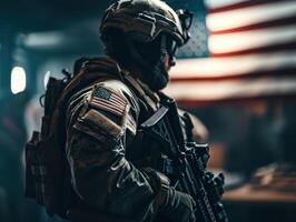 Verenigde staten leger speciaal krachten soldaat in uniform en helm met aanval geweer- gemaakt met generatief ai technologie foto