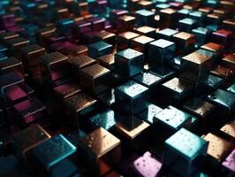futuristische metalen kubussen achtergrond abstract meetkundig mozaïek- rooster plein tegels patroon generatief ai technologie foto