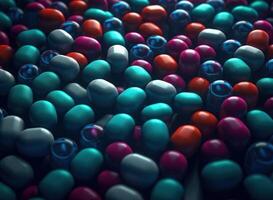 veel kleurrijk pillen Aan een donker achtergrond meetkundig samenstelling gemaakt met generatief ai technologie foto