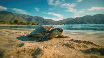 zee schildpad kruipen Aan de zanderig strand. illustratie ai generatief foto