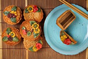 kleurrijk bloem versierd mooncake Chinese midden herfst festival besnoeiing plak Aan blauw keramisch bord achtergrond Aan bamboe voedsel mat foto