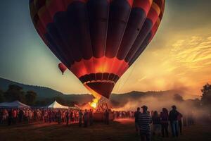 heet lucht ballon Aan de grond landen of beginnend naar lancering met onherkenbaar mensen, ai gegenereerd foto