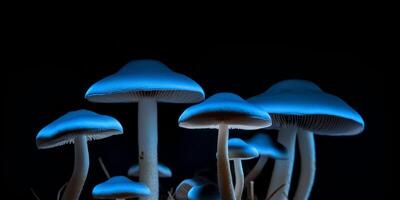 champignons in de donker met blauw achtergrond ai gegenereerd foto