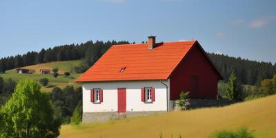 een klein huis met een rood dak ai gegenereerd foto