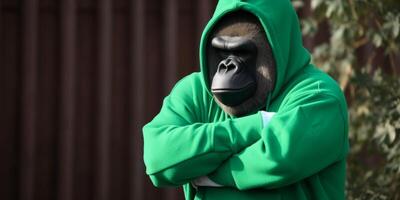 bodybuilder gorilla in Sportschool met capuchon ai gegenereerd foto