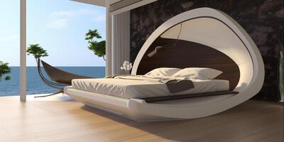 bed door de zee creatief ontwerp ai gegenereerd foto