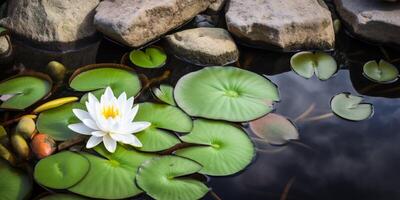 water lelie en stenen in een vijver ai gegenereerd foto